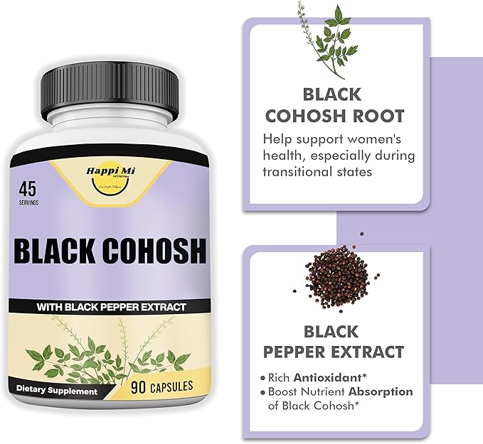 Black Cohosh Made with Organic Black Cohosh Root 1300MG per Serving, Balance Hormones, Natural Menopause & Menstrual Support, Women Health Support, 90 Vegan Capsules, 45 Servings