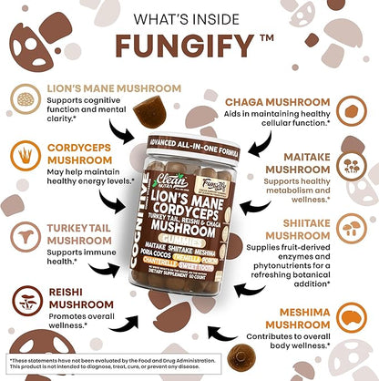 Clean Nutra Lions Mane Mushroom Gummies Cordyceps Supplement for Memory and Focus Immune Support Vitamins Reishi Chaga Turkey Tail Mushrooms Gummy Shiitake Maitake Meshima Supplements