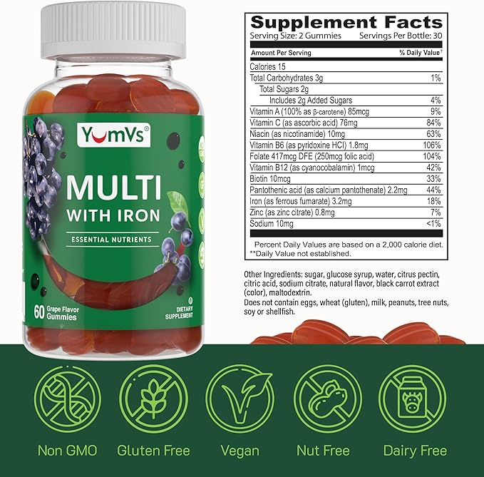 YUM-V'S Iron Gummies - Multivitamin Iron Supplement with Vitamin C, A, B & Zinc, Supports Blood Oxygen, Vegan Supplements for Women, Men & Kids for Growth and Development - Grape Flavor | 2-Pack