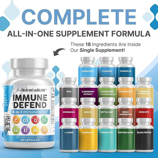 Immune Defense Support Supplement 8 in 1 w/ Zinc 50mg Quercetin, Vit C 1000mg, Vitamin D3 5000 IU, Elderberry, Turmeric Curcumin, Ginger, Echinacea - Immunity System Booster Adults Vegan - 60Ct (2)
