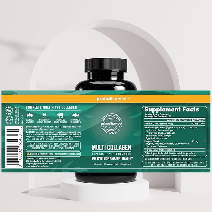 Primal Harvest Multi Collagen Pills for Women and Men (Type I, II, III, V, X) 120 Capsules w/Vitamin C for Hair, Skin, Nails