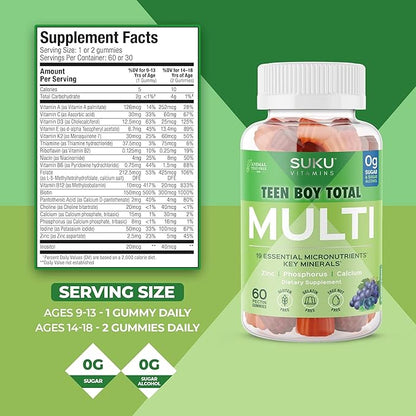 SUKU Teen Boy Multivitamin Gummies – Vitamins A, B12, C, D3, E, Zinc & Biotin – Sugar-Free Vegetarian Supplement for Energy, Growth, Immune & Bone Health – Grape Flavor – 60 Count
