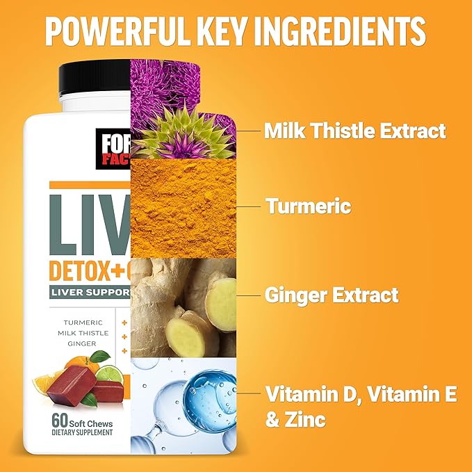 Force Factor Liver Detox, Liver Cleanse Detox & Repair Supplement, with Milk Thistle, Turmeric & Ginger to Support Digestion & Immune Health, Citrus Punch, 60 Soft Chews