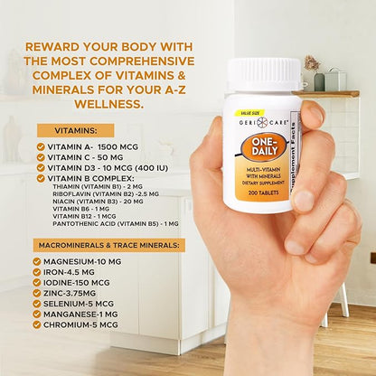 GeriCare One-Daily Multivitamins with Minerals for Men & Women (200 Tablets) High-Potency Multi-Vitamin & Multimineral Dietary Supplement for Immunity, Energy| Complete Daily Nutritional Support