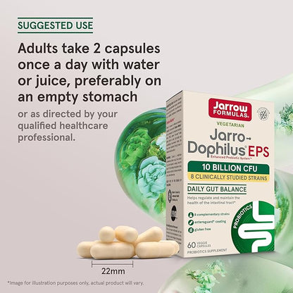 Jarrow Formulas Jarro Dophilus Probiotics 10 Billion CFU - Probiotic Supplement Capsules for Digestive Health & Gut Health for Women and Men, 60 Veggie Capsules, Up to 30 Days, Shelf Stable
