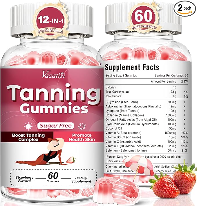 Tanning Gummies for Women, Supports Radiant Tan & Healthy Skin, Extra Strength with Astaxanthin Lycopene Beta Carotene and Vitamins - Supports Faster Tanning, Strawberry Flavored, 120 Count