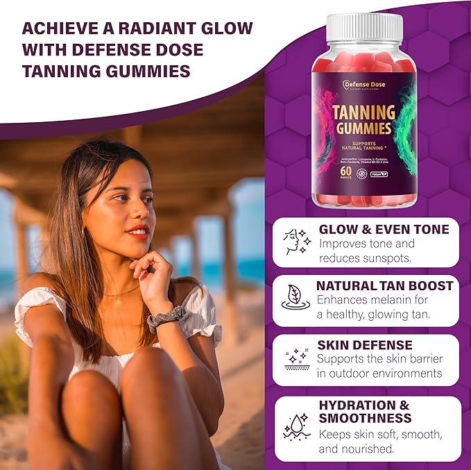 Tanning Gummies for Women - Self Tan Bronzing Melanin Supplement That Support a Natural Glow - Daily Oral Chews Skin Health Glow Up Sunless Tan with Vitamins Beta Carotene - No Sugar Vegan