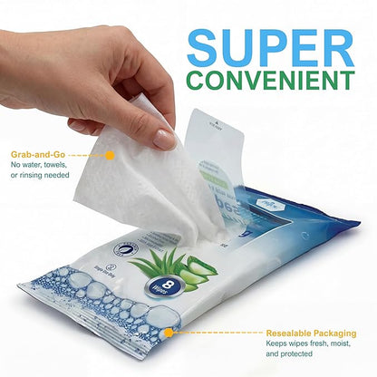 MED PRIDE Hospital Wipes for Bathing, Waterless Rinse Free Bath Wipes for Adults, Microwavable Soft Thick, 12 Packs (96 Count), Aloe Vera
