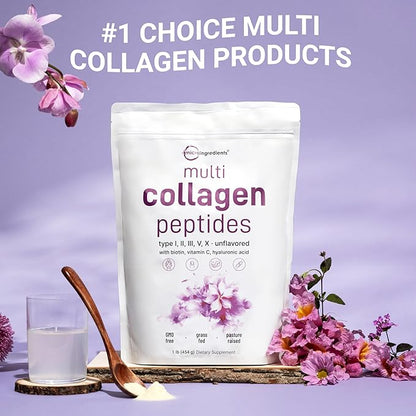 Micro Ingredients Multi Collagen Peptides Powder, 1lb – Hydrolyzed Type I,II,III,V,X with Biotin, Hyaluronic Acid, Vitamin C – Unflavored Collagen for Women & Men, Easy Dissolve, 41 Servings