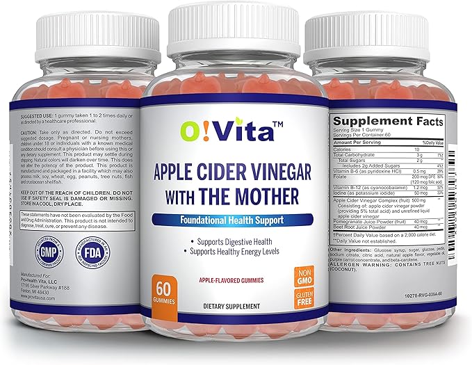 Apple Cider Vinegar Gummies with The Mother, Gluten Free, Vegan, Made with Pomagranate, Beet Root, and Vitamin B12 for Energy - 60 Non-GMO Apple Flavored Gummies, up to 2-Month Supply