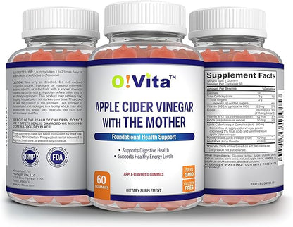 Apple Cider Vinegar Gummies with The Mother, Gluten Free, Vegan, Made with Pomagranate, Beet Root, and Vitamin B12 for Energy - 60 Non-GMO Apple Flavored Gummies, up to 2-Month Supply