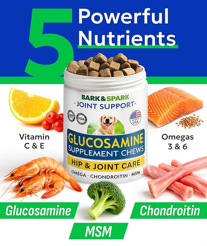 BARK&SPARK Glucosamine Chondroitin Dog Hip & Joint Supplement - Joint Pain Relief - Hip & Joint Chews - Joint Support Large & Small Breed - Senior Doggie Vitamin Pills Joint Health (120 Treats)