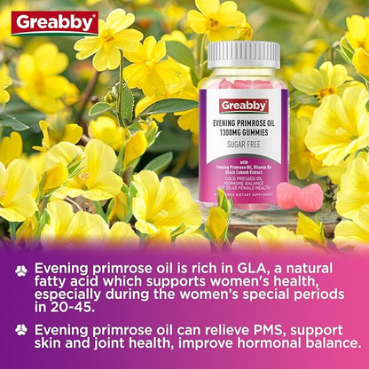 Evening Primrose Oil Gummies 1300mg with Black Cohosh & Vitamin B6, Sugar-Free, PMS Relief Supplements for Women 20-45, Chewable PMS Gummies, Strawberry Flavor, Vegan, Pectin, 120 Count