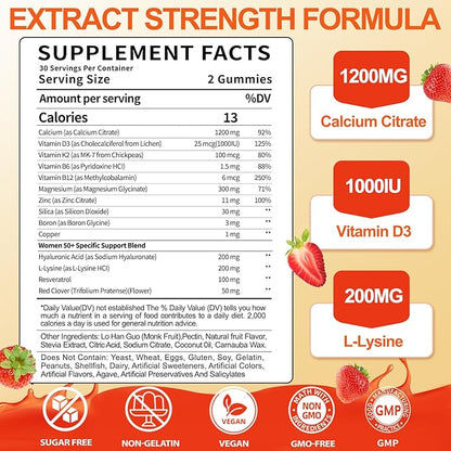 50+ Women’s Calcium Citrate Gummies: 1200mg Chewable Calcium Gummy Supplements Plus Magnesium Zinc Vitamin D3 K2 B12 B6 - Energy Immune Overall Health Support Vegan Sugar Free(120Count)