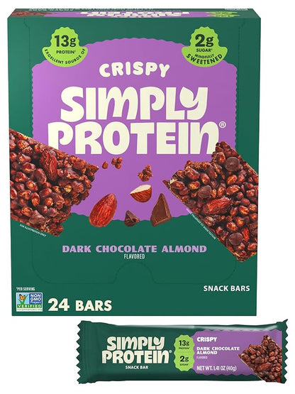 Simply Protein - Dark Chocolate Almond Crispy Bars - Plant Based Protein Bars - Low Carb, Low Sugar, High Fiber - 13g Protein, 2g Sugar, 7g Fiber - Vegan, Gluten Free, Non GMO, Kosher - 24 Bars