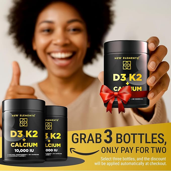 New Elements Vitamin D3 K2 Gummies 10000 IU with Calcium 100mg - VIT D3 for Adults - Mk7 Vitamin K2 100mcg - Vitamin D Supplement for Men & Women - Vegan Gluten Free Non-GMO