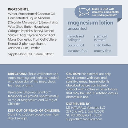 Unscented Magnesium Lotion & Spray for Sleep, Suitable for Sensitive Skin, Helps with Muscle Relaxation, Soothes Tired Legs & Foot Aches and Supports Restful Nights, 8 & 12 fl oz by M3