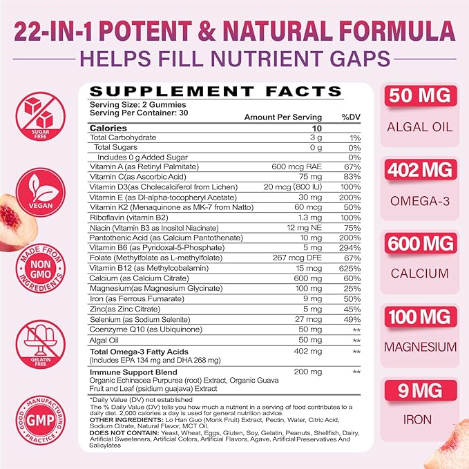 Multivitamin Gummies for Women 50 Plus - with Omega 3, Coenzyme Q10, Iron, Calcium, Zinc, Vitamin A, C, D3, E, K2, B Complex, Folate - Multi Vitamins & Minerals for Energy, Beauty, Immune, Sugar Free
