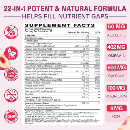 Multivitamin Gummies for Women 50 Plus - with Omega 3, Coenzyme Q10, Iron, Calcium, Zinc, Vitamin A, C, D3, E, K2, B Complex, Folate - Multi Vitamins & Minerals for Energy, Beauty, Immune, Sugar Free