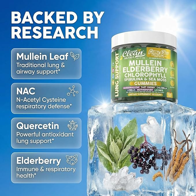 Clean Nutra Mullein Gummies for Lung Health Support with Elderberry Chlorophyll Spirulina Tart Cherry Sea Moss Vitamin C Lutein Marshmallow Root Licorice Root Superfood Greens Mucus Relief 60 Gummies