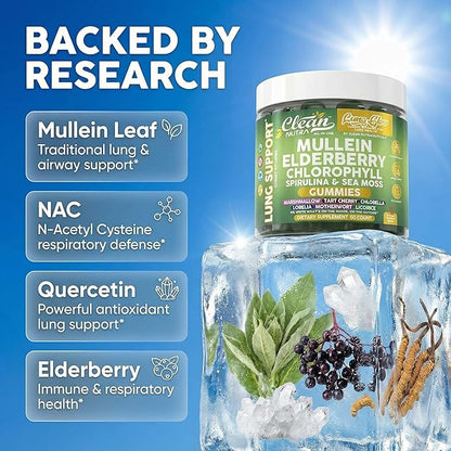 Clean Nutra Mullein Gummies for Lung Health Support with Elderberry Chlorophyll Spirulina Tart Cherry Sea Moss Vitamin C Lutein Marshmallow Root Licorice Root Superfood Greens Mucus Relief 60 Gummies
