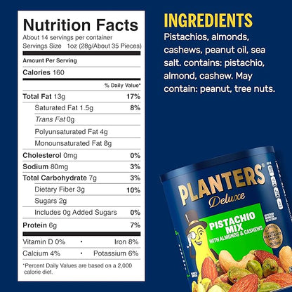 PLANTERS Deluxe Pistachio Mix, Party Snacks, Plant-Based Protein, 14.5 Oz Canister (Pack of 2)