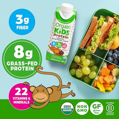 Orgain Organic Kids Nutritional Protein Shake, Chocolate, Healthy Kids Snacks, 8g Dairy Protein, 3g Fiber, 22 Vitamins & Minerals, No Soy Ingredients, Gluten Free, Non-GMO, 8.25 Fl Oz (Pack of 12)