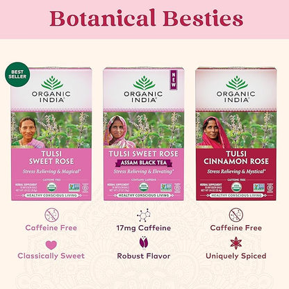 ORGANIC INDIA Tulsi Cinnamon Rose Tea Bags - Tulsi Rose, Cinnamon with Holy Basil, Chamomile, Stevia, USDA Certified Organic Caffeine Free Herbal Tea - 18 Infusion Bags, 2 Pack