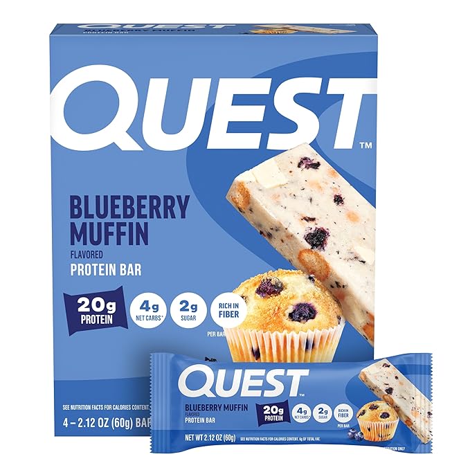 Quest Nutrition Blueberry Muffin Protein Bars, 20g Protein, 5g Net Carbs, 2g Sugar, High Fiber, Gluten Free, Keto Friendly, 4 Count