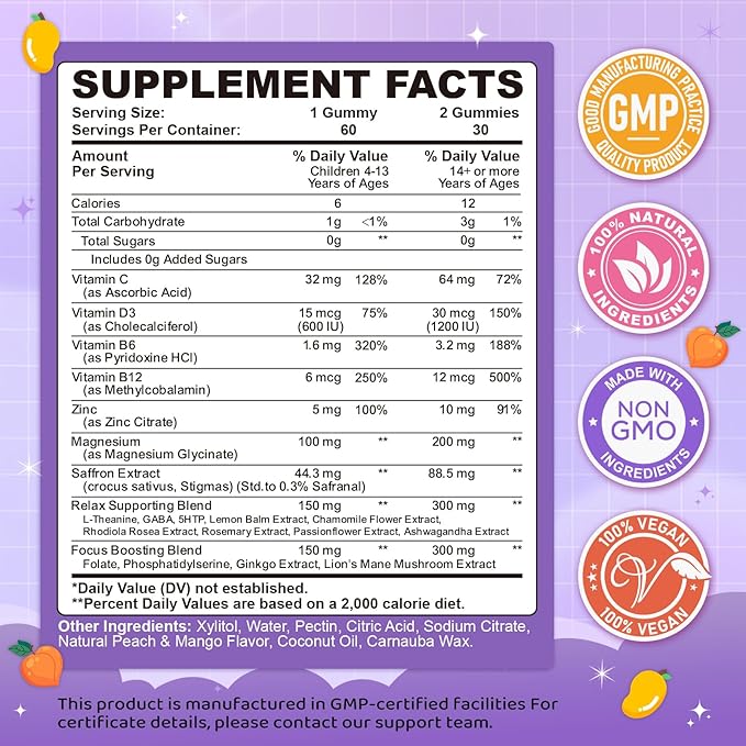 Saffron Gummies for Kids & Adults, 20-in-1 Saffron Supplements with 88.5mg Saffron Extract, B6, B12, C, D3, Magnesium for Calm, Focus, Nerve, Sugar Free, Vegan, Non-GMO Peach Mango Flavor, 120 Counts