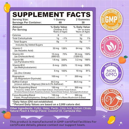 Saffron Gummies for Kids & Adults, 20-in-1 Saffron Supplements with 88.5mg Saffron Extract, B6, B12, C, D3, Magnesium for Calm, Focus, Nerve, Sugar Free, Vegan, Non-GMO, Peach Mango Flavor, 60 Counts