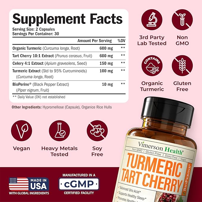 Turmeric Curcumin Supplement with 10:1 Tart Cherry Extract & Celery Seed Extract – Natural Uric Acid Balance, Joint Health, Sleep Aid – Turmeric Curcumin with Black Pepper –Tart Cherry Capsules 2 Pack