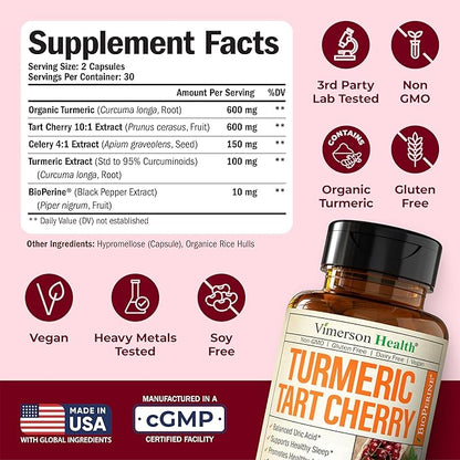 Turmeric Curcumin Supplement with 10:1 Tart Cherry Extract & Celery Seed Extract – Natural Uric Acid Balance, Joint Health, Sleep Aid – Turmeric Curcumin with Black Pepper –Tart Cherry Capsules 2 Pack