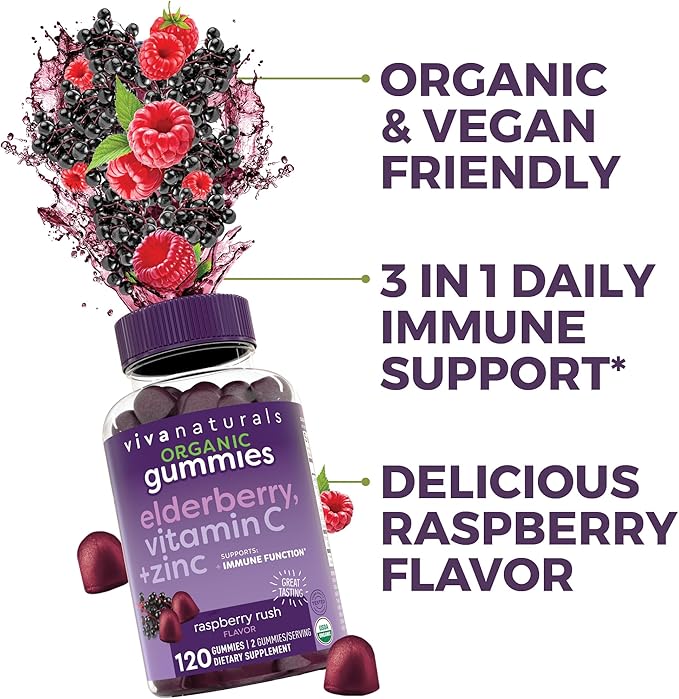Viva Naturals Sambucus Elderberry Gummies for Adults - 150mg Black Elderberry Vitamin C and Zinc, 3-in-1 Daily Immune Support Gummies, Raspberry Rush Flavor, USDA Organic, Non-GMO, (120 Count)