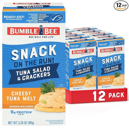 Bumble Bee Snack On The Run! Protein Snack Pack - 9g Protein per Box - Cheesy Melt Tuna Salad with Crackers Kit - Ready to Eat Easy-Open Can - Wild Caught MSC-Certified Tuna (Pack of 12)