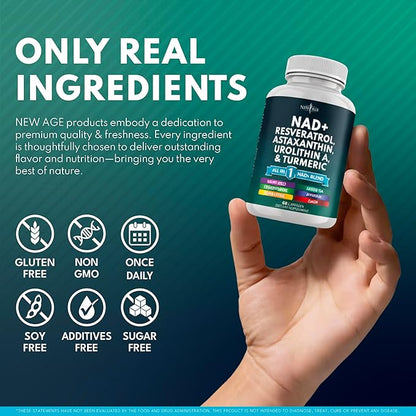 NEW AGE NAD+ Supplement - Astaxanthin, Urolithin A, Resveratrol, CoQ10 & Antioxidant Blend – Cellular Energy, Mitochondrial Support – Vegan, Non-GMO- 120 Count