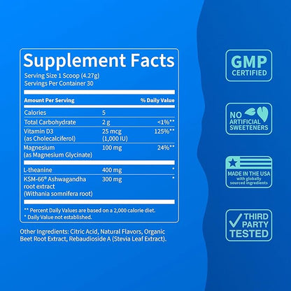 Nello Supercalm Powdered Drink Mix Tub, Cortisol Reducer*, Sleep Aid Supplement, L Theanine, Ksm-66 Ashwagandha, Magnesium Glycinate, Vitamin D 3, No Sugar, Non GMO, 30 Ct, Raspberry Lemonade