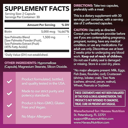 Saw Palmetto for Women with Biotin 5000mcg - Powerful DHT Blocker to Support Hair, Skin, and Nail Health - 60 Count - Vegan, Non-GMO Vitamin for Stronger, Fuller Looking Locks - 1 Month Supply