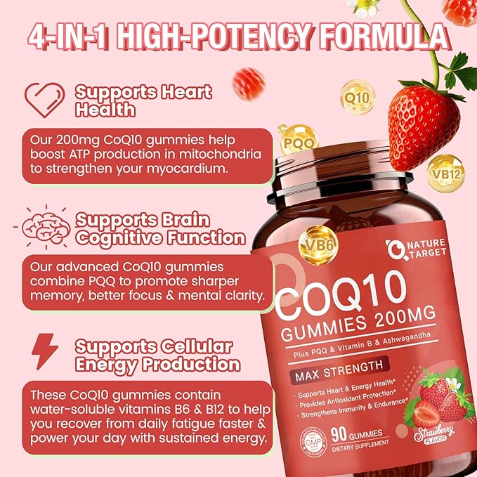 NATURE TARGET CoQ10 Gummies 200mg – High Absorption Coenzyme Q10 Supplements for Heart, Energy & Antioxidant with PQQ，Zinc & Ashwagandha, Strawberry Flavor, 90 Count