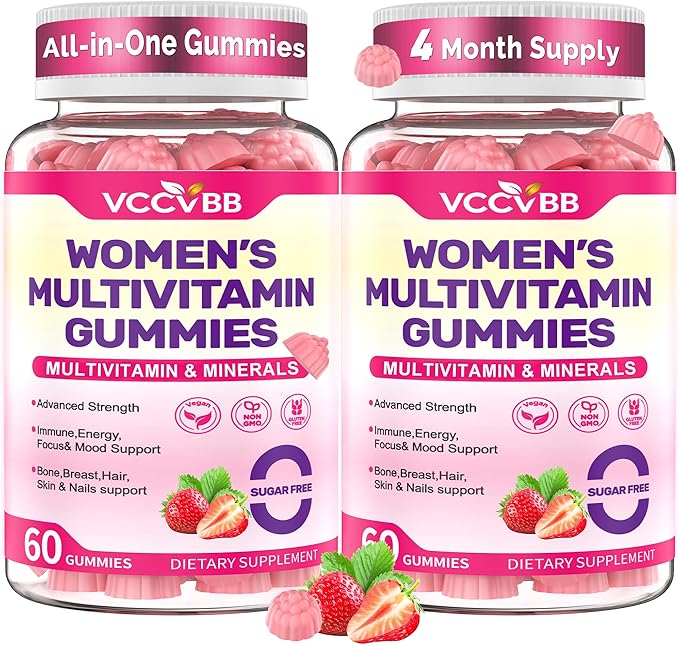 All-in-One Women's Multivitamin Gummies with Complete Vitamin & Mineral Complex, Herbal Blends for Energy, Overall Health, High Potency Hair Skin and Nails Vitamins, Strawberry Flavor, 2 Pack