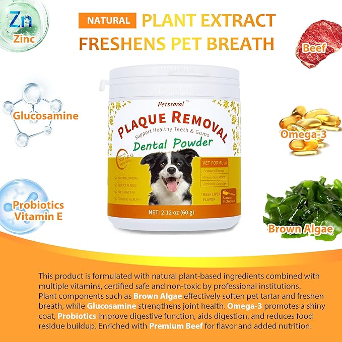 Natural Dog Dental & Supplement Powder, Plaque & Tartar Control with Glucosamine, Omega-3, Probiotics & Vitamin E for Joint, Beef Liver Flavour, Digestion & Fresh Breath