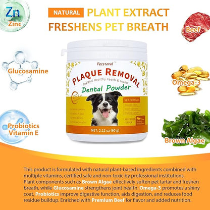 Natural Dog Dental & Supplement Powder, Plaque & Tartar Control with Glucosamine, Omega-3, Probiotics & Vitamin E for Joint, Beef Liver Flavour, Digestion & Fresh Breath