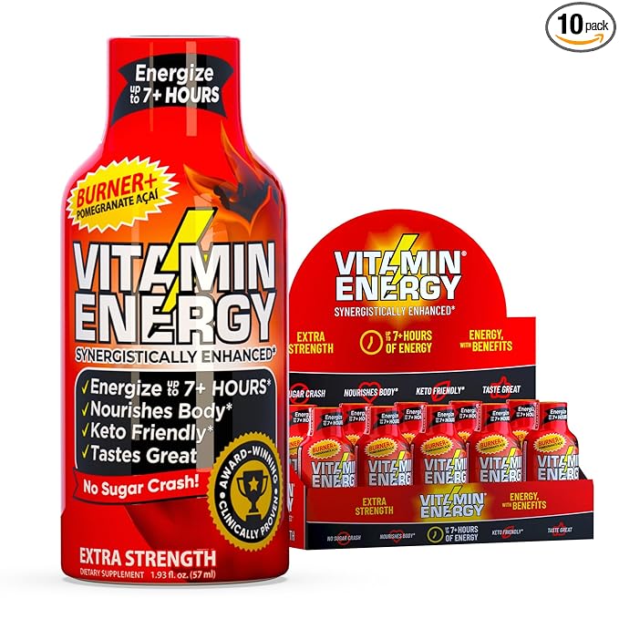 Vitamin Energy Burner+ Extra Strength Energy Shot Pomegranate Açaí 10 Pack, 260mg Natural Caffeine, 25mg Ketones, Green Tea, EGCG, Metabolism, Endurance, Zero Sugar, Gluten-Free, Vegan, 1.93 fl oz