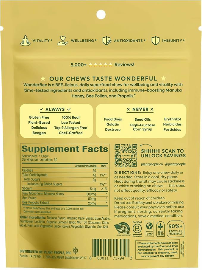 Plant People WonderBee Superfood Manuka Honey Chews – Daily Wellness & Energy Support – Bee Pollen & Propolis – Gluten-Free Supplement (30 Count)