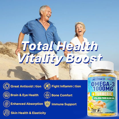 Vegan Omega-3 Gummies 1000mg + Turmeric - Omega 3 Fish Oil Alternative for Adults - Algae DHA 600mg & EPA 300mg, Vitamins A, C, E, Zinc & MSM, Sugar Free, 120 Cts