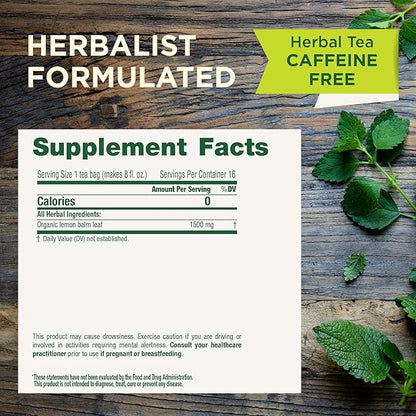 Traditional Medicinals Organic Lemon Balm Tea, Tea Bags | Herbal | Pack of 2 | 16 Count | Calming