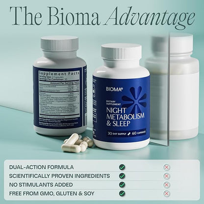 BIOMA Night Metabolism & Sleep - Supports Digestion, Energy Metabolism & Restful Sleep with Melatonin, Vitamin D, Magnesium & More - 180 Capsules (3 Pack, 90-Day Supply)