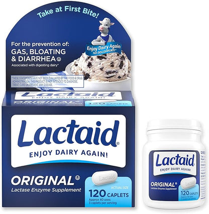 Lactaid Original Strength Lactose Intolerance Pills, 9000 FCC Natural Lactase Enzyme Dairy Relief Caplets, Helps Prevent Gas, Bloating & Diarrhea Due to Lactose Sensitivity in Adults & Kids, 120 Count
