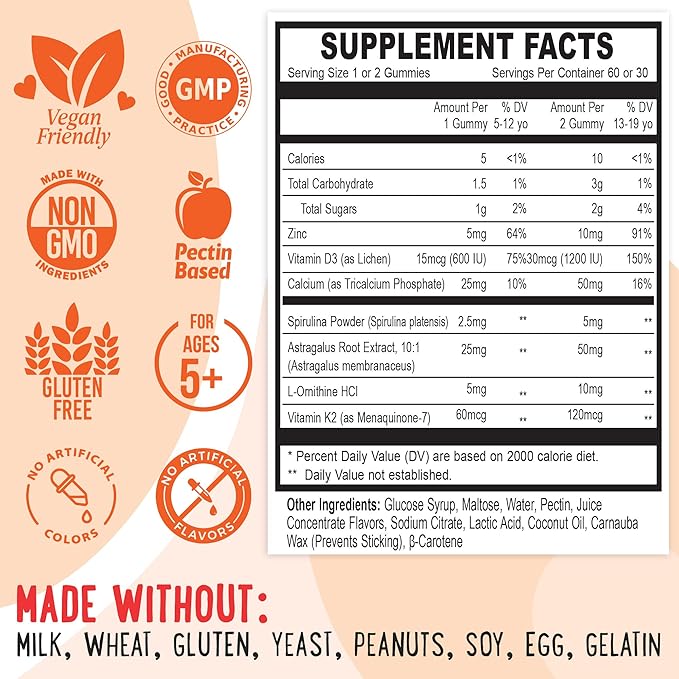 OH MY CHEWY Height Growth Vitamin Gummies for Kids & Teens - Growing Up and Bones Support for Supplement with Calcium, Zinc, Vitamin D3, K2, Spirulina and Astragalus – Peach & Mango 60 CT
