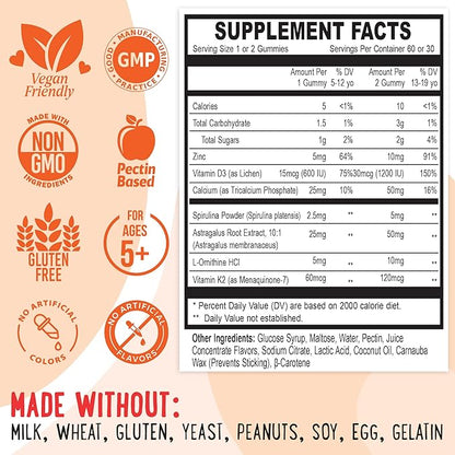 OH MY CHEWY Height Growth Vitamin Gummies for Kids & Teens - Growing Up and Bones Support for Supplement with Calcium, Zinc, Vitamin D3, K2, Spirulina and Astragalus – Peach & Mango 60 CT